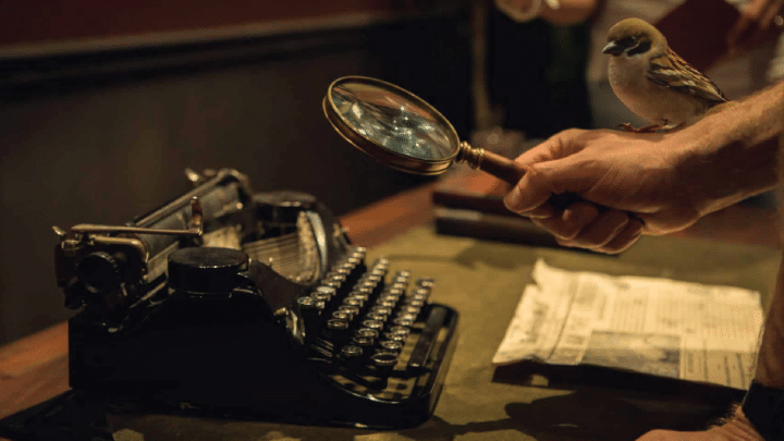 A little bird sits on a players arm as they investigate in Sherlock Studies.
